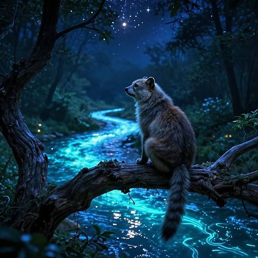 A raccoon sits on a glowing blue-lit, broken tree branch, gazing at a luminous, starry night forest stream. Digital fantasy