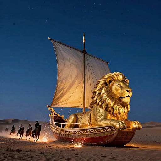 Digital artwork of a glowing golden lion sailboat with ornate patterns, sailing under a starry night sky, followed by four silhouetted riders