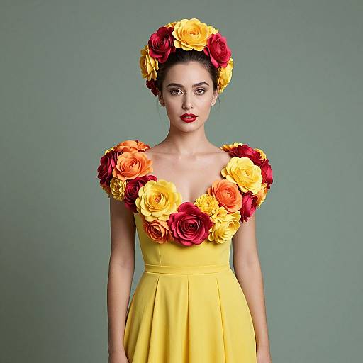 Photograph of a woman with dark hair in an updo, wearing a yellow dress adorned with large red and yellow roses on the shoulders and head,