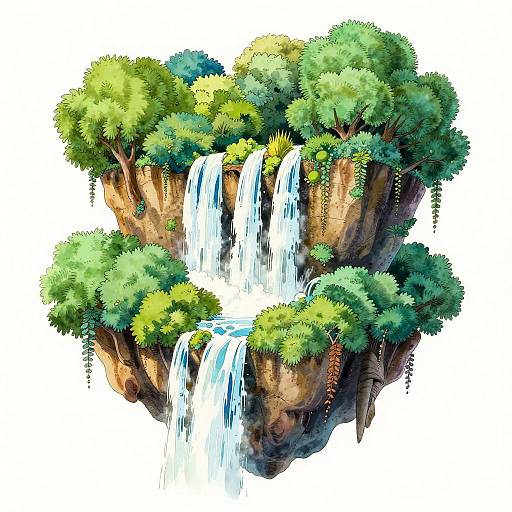 Digital illustration of a floating island with lush green trees, cascading waterfalls, and hanging vines, set against a white background.