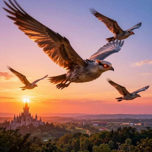 Photograph of four eagles soaring above a sunlit castle during a vibrant orange and pink sunset, with a sprawling landscape below.
