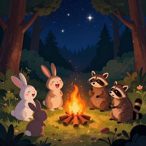 Mischievous Forest Animals at Campfire