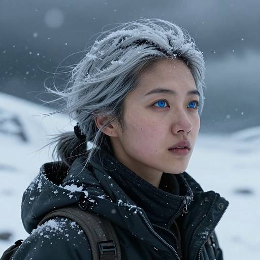 Photograph of an Asian woman with silver-gray hair, blue eyes, and fair skin in a snowy landscape, wearing a black winter jacket with snowfl