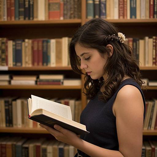 Photograph of a young woman with wavy dark hair and a white flower clip, wearing a sleeveless black top, reading a book in a library