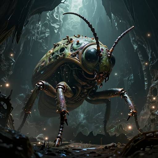 Digital artwork of a giant, metallic, insect-like creature with glowing spots and segmented legs in a dark, cavernous, bioluminescent cave.
