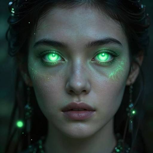 Photorealistic digital portrait of a young woman with glowing green eyes, dark hair, and intricate light patterns on her skin, set against a dark,