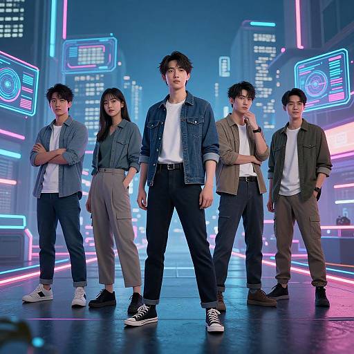 Photograph of five Asian men standing in a neon-lit, cyberpunk city street, wearing denim jackets, white shirts, and casual pants. Neon