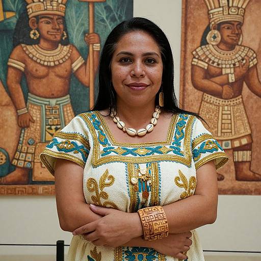 Photograph of a smiling Indian woman with long black hair, wearing a traditional Mayan-inspired white dress with gold and blue patterns, large shell necklace,