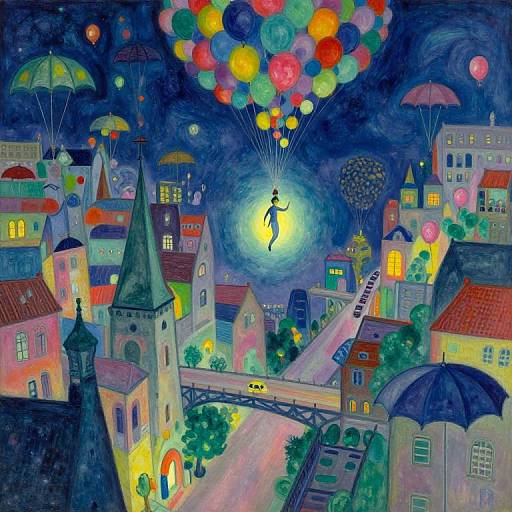 Whimsical night cityscape painting: colorful balloons float above, illuminated by glowing moon; silhouette of dancer hangs, surrounded by vibrant, fairy-tale