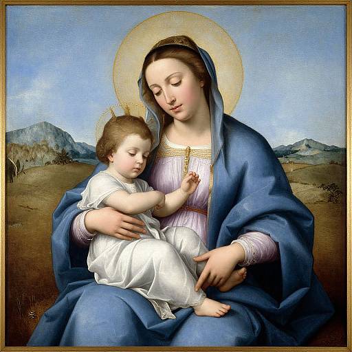 Renaissance-style painting of the Virgin Mary in blue cloak, holding the Christ Child in white garments, both with golden halos, set against a