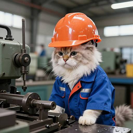 Photograph of a fluffy, gray and white cat wearing a bright orange hard hat and blue work jumpsuit, operating a green milling machine in a factory