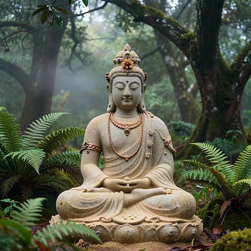 Photograph of a serene stone Buddha statue adorned with jewelry, sitting cross-legged in a lush, misty forest with ferns and moss-covered trees in