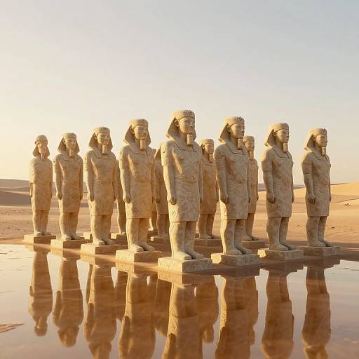Photograph of eleven stone statues standing in a line on a reflective water surface at sunset, with golden light illuminating the scene.