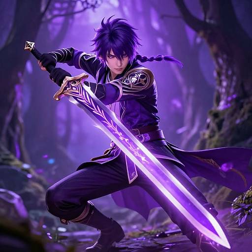 Digital anime artwork of a purple-haired male warrior with braided hair, wielding a glowing purple sword in a mystical forest.