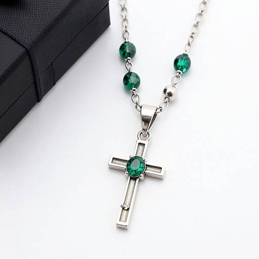 Photograph of a silver cross necklace with green gemstone accents, lying beside a black textured fabric, on a white background.