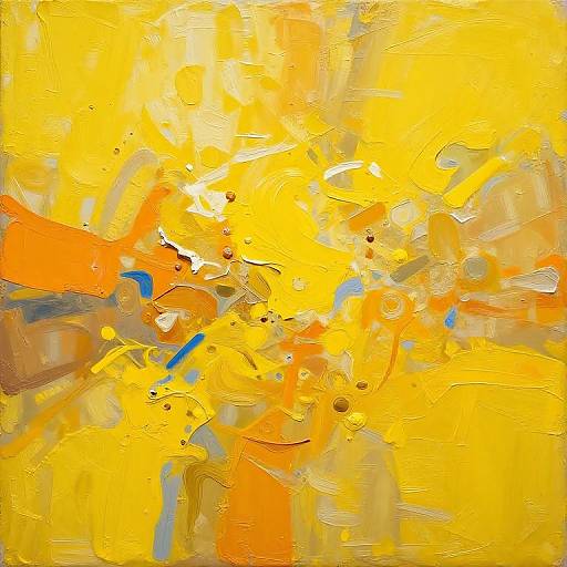 Abstract painting with bold, thick brushstrokes in vibrant yellow, orange, and blue hues, creating a dynamic, energetic, and sunlit effect.