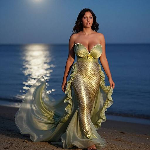 Photograph of a curvy woman with medium brown skin and curly black hair, wearing a shimmering gold mermaid dress, walking on a sandy beach