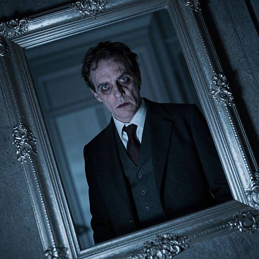 Photograph of a pale, disheveled man with dark hair, wearing a black suit and tie, reflected in an ornate, silver-framed