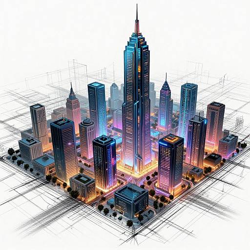 Digital illustration of a vibrant, neon-lit city skyline with tall skyscrapers in blue, purple, and orange hues, outlined in black on a