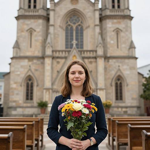 Woman Holding Flowers by Church