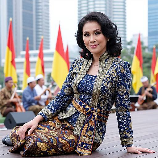 Photograph of a smiling Asian woman with dark hair, wearing a colorful, patterned blue and gold jacket and skirt, seated on a city plaza with