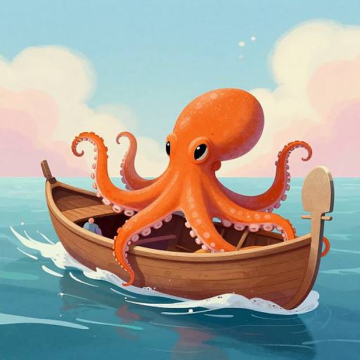 Digital illustration of a bright orange cartoon octopus sailing in a small wooden boat on a blue ocean, under a sunny sky with soft clouds.