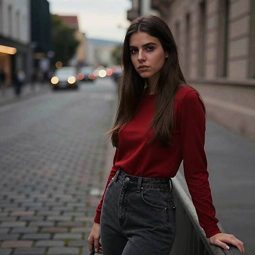 Photograph of a young woman with long brown hair, wearing a red long-sleeve top and high-waisted black jeans, standing on a