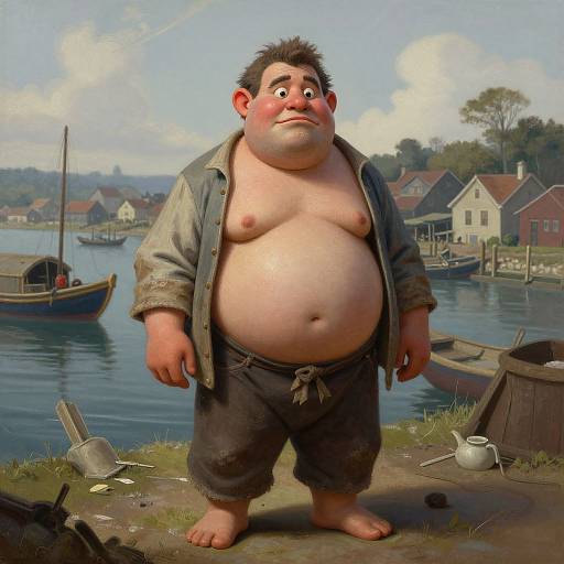 Digital painting of a chubby, shirtless man with short black hair, wearing worn brown pants and an open jacket, standing by a riverside village with