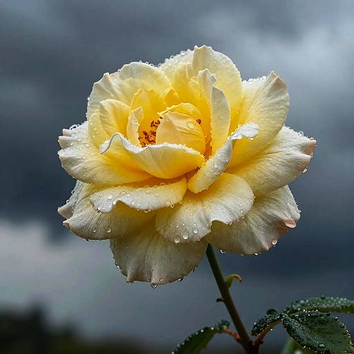 Photograph of a bright yellow rose with delicate white petals, covered in dewdrops, against a dark, cloudy sky background.