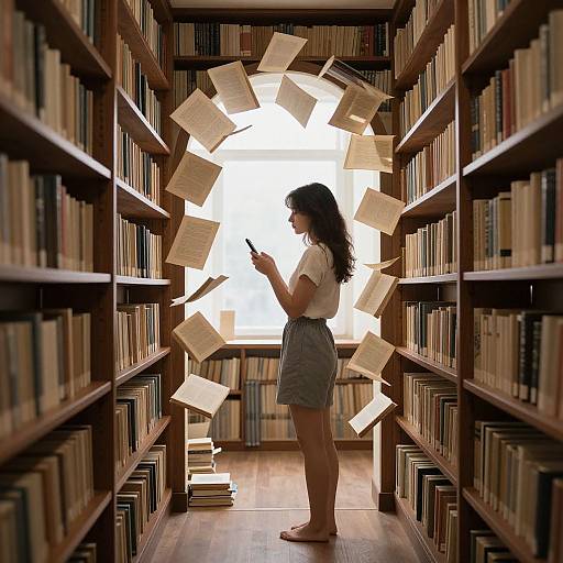 Photograph of a curly-haired woman in white top and gray shorts, standing in a narrow library aisle with books, surrounded by floating papers, reading a