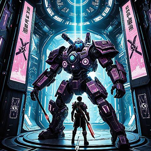 Futuristic Space Punk Gladiator and Mech in Gravity Chamber