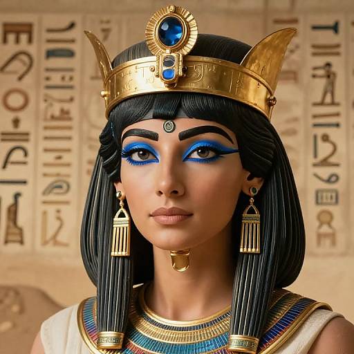 Digital artwork of an Egyptian queen with black bob hair, blue eyeshadow, gold crown, blue gem, gold earrings, and blue-striped collar.