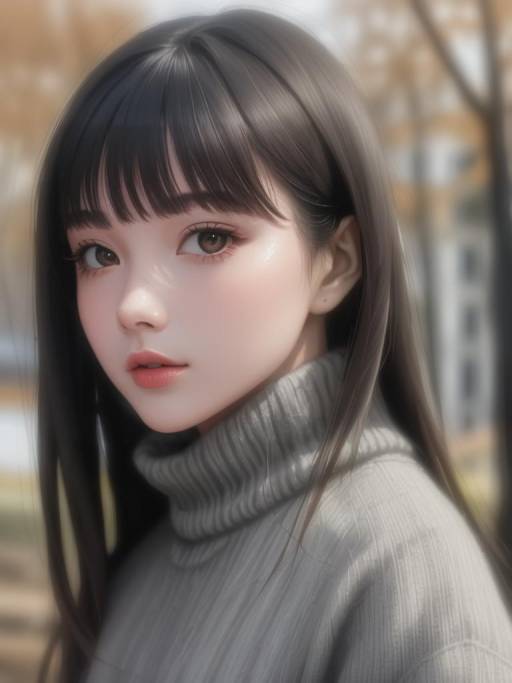 Portrait of Young Asian Woman in Grey Turtleneck Sweater