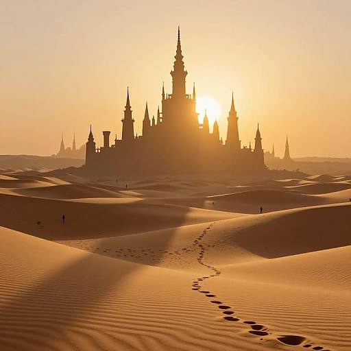 Photograph of a silhouetted, sunlit castle with multiple spires, standing prominently in a golden desert with rippled sand dunes and