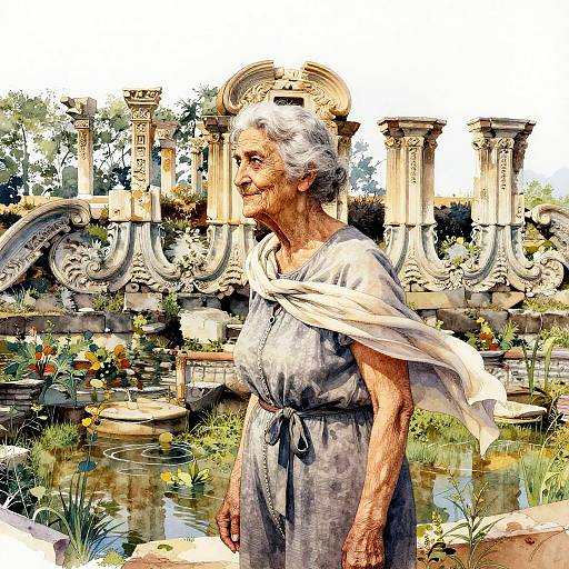 Stoic Elderly Woman at Temple Ruins