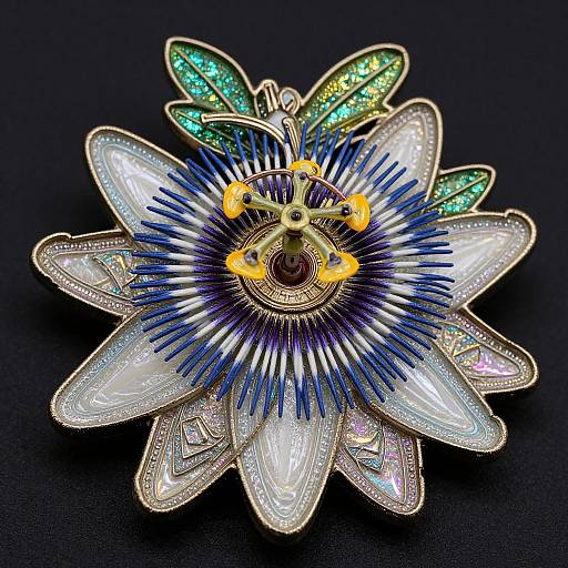 Photograph of an elaborate, colorful brooch resembling a vibrant flower with blue, green, and white petals, surrounded by intricate metallic details, set against