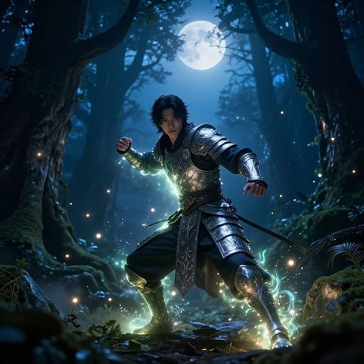 Digital fantasy artwork of a muscular, armored warrior with dark hair, glowing blue energy, and glowing armor, crouching in a mystical, moonlit