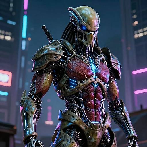 CGI sci-fi robot with metallic gold helmet, blue glowing eyes, muscular red and steel armor, neon-lit cyberpunk city background.