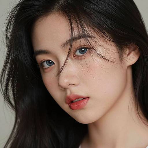 Close-up photograph of a young Asian woman with fair skin, blue eyes, dark brown hair, and red lipstick, slightly tousled hair framing her face