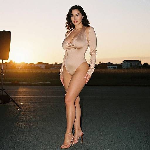 Photograph of a curvy woman with long black hair, wearing a beige, long-sleeve, deep V-neck leotard and high heels
