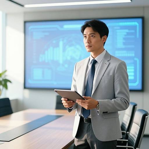 Futuristic Executive in Sunlit Boardroom