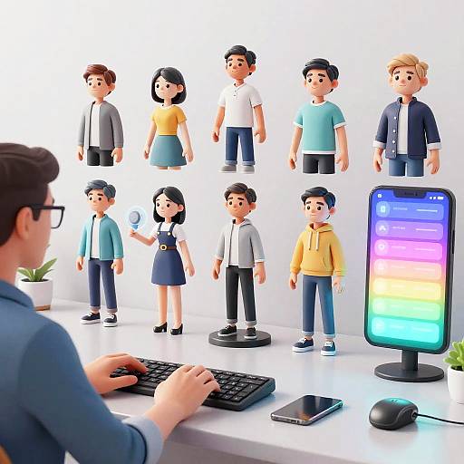 CGI image of a desk with a person typing, a smartphone, computer, and various animated, colorful, cartoon-style characters standing behind.