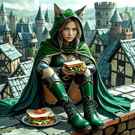 Digital artwork of a green-caped, cat-eared fantasy warrior with blue eyes, holding a sandwich, sitting on a castle rooftop, with medieval buildings