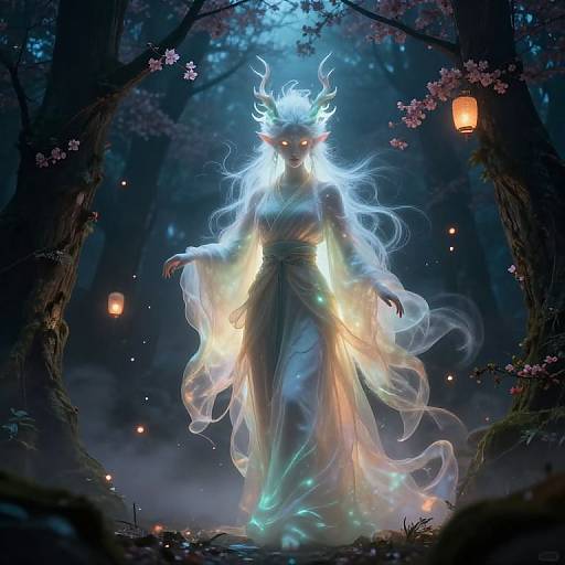 Digital artwork of a glowing, ethereal female spirit with white hair, horned mask, and flowing robes, illuminated by lanterns in a moonlit