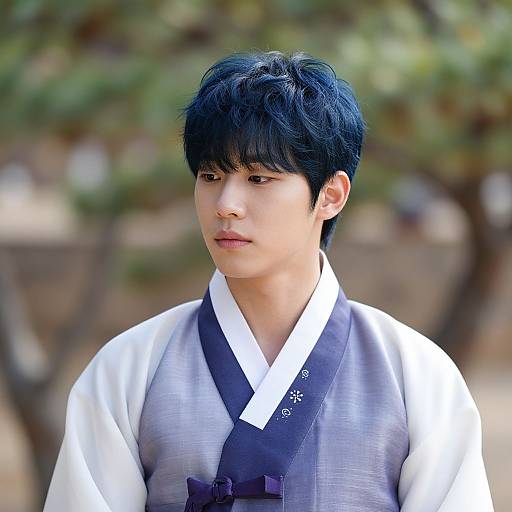 Photograph of an Asian man with black hair, wearing a traditional white and gray Korean hanbok with a black sash, standing outdoors with a