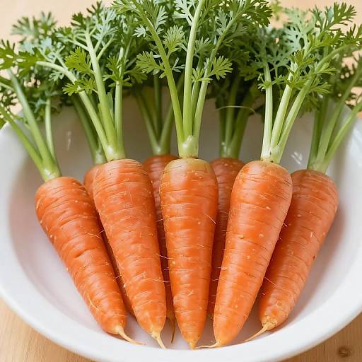 Photograph of six vibrant orange carrots with green tops, neatly arranged in a white bowl on a wooden surface.