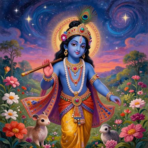 Digital painting of blue-skinned Hindu god Krishna with peacock feather, golden crown, red-orange dhoti, surrounded by flowers, rabbits, and