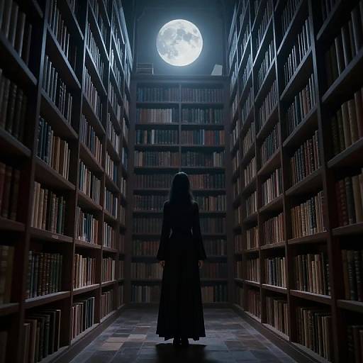 Silhouetted figure in long coat stands in moonlit library aisle, surrounded by towering bookshelves under a full moon. Digital art.