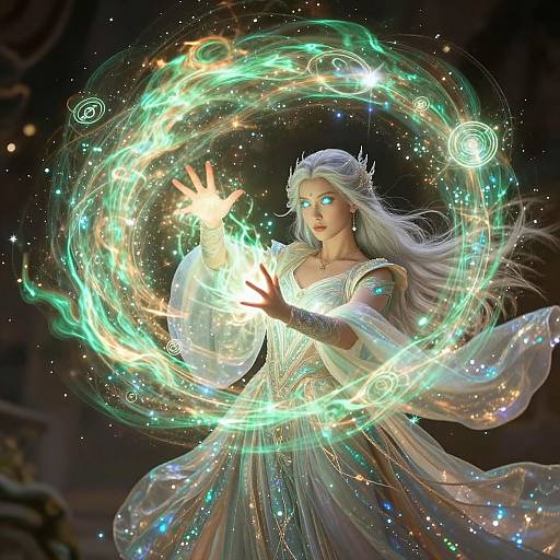 Digital artwork of a white-haired, ethereal woman in a flowing, sparkly dress, casting a glowing, green, circular magical spell.