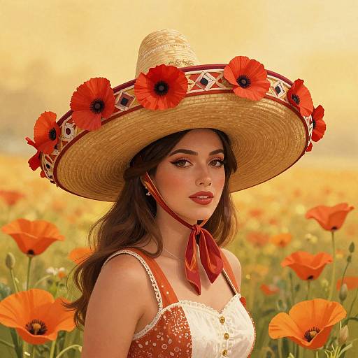 Photograph of a beautiful woman with fair skin, long brown hair, wearing a large straw hat adorned with red flowers, and a white lace dress,